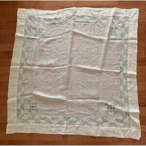Vintage Linen Tablecloth with Blue Embroidery 35x36
